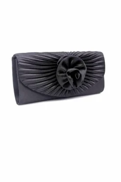 Clutch Bags|Handbags*Kitise Pleated Satin Rose Detail Evening Clutch Handbag Black