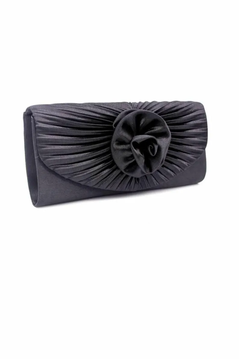 Clutch Bags|Handbags*Kitise Pleated Satin Rose Detail Evening Clutch Handbag Black