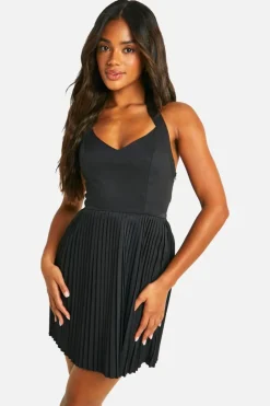Skater Dresses*boohoo Pleated Skirt Halterneck Mini Dress black