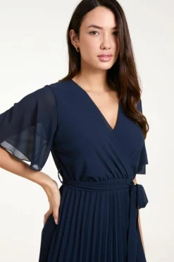 Wrap Dresses*Blue Vanilla Pleated Wrap Over Belted Dress Navy