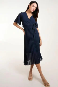 Wrap Dresses*Blue Vanilla Pleated Wrap Over Belted Dress Navy