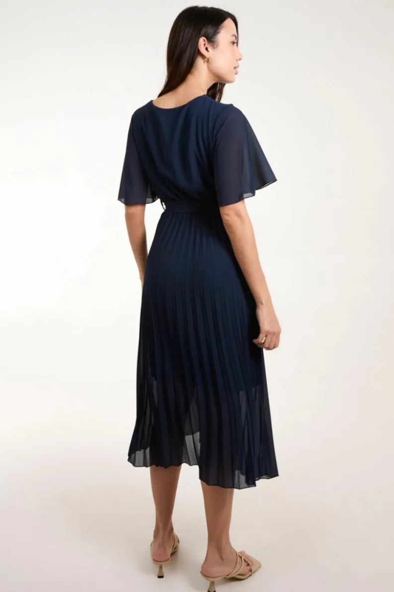 Wrap Dresses*Blue Vanilla Pleated Wrap Over Belted Dress Navy