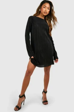 Mini Dresses|Long Sleeve Dresses*boohoo Plisse Column Shift Dress black