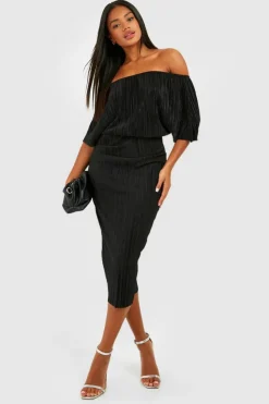 Midi Dresses*boohoo Plisse Off The Shoulder Midi Dress black