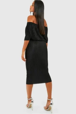 Midi Dresses*boohoo Plisse Off The Shoulder Midi Dress black
