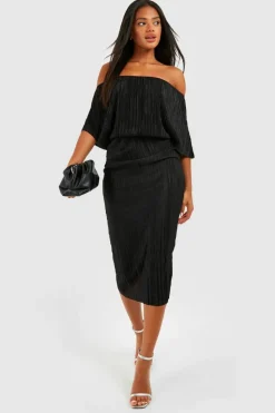 Midi Dresses*boohoo Plisse Off The Shoulder Midi Dress black