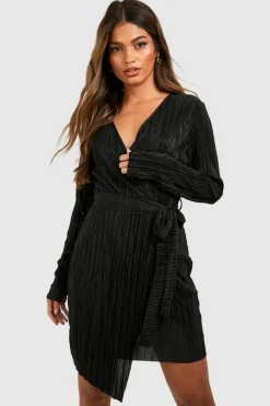 Wrap Dresses*boohoo Plisse Wrap Mini Dress black