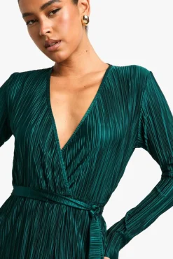 Wrap Dresses|Mini Dresses*boohoo Plisse Wrap Mini Dress emerald