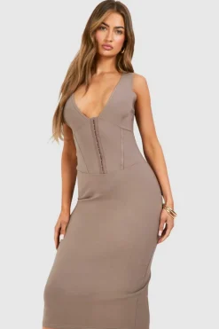 Bodycon Dresses*boohoo Plunge Corset Detail Midaxi Dress taupe