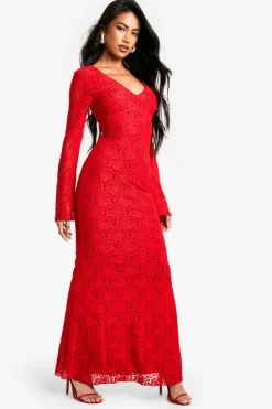 Maxi Dresses*boohoo plunge lace maxi dress red