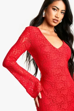 Maxi Dresses*boohoo plunge lace maxi dress red