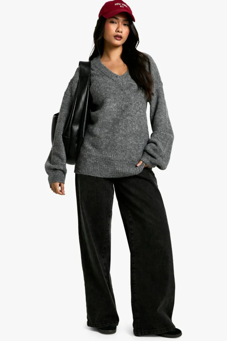 Jumper Dresses|Jumper Dresses*boohoo Plunge V Neck Borg Mini Jumper grey