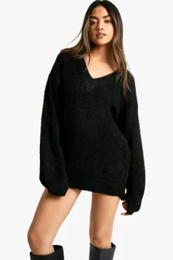 Jumper Dresses|Jumper Dresses*boohoo Plunge V Neck Borg Mini Jumper black
