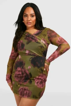 Bodycon Dresses*boohoo Plus Abstract Floral Mesh Bodycon Dress khaki