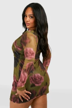 Bodycon Dresses*boohoo Plus Abstract Floral Mesh Bodycon Dress khaki