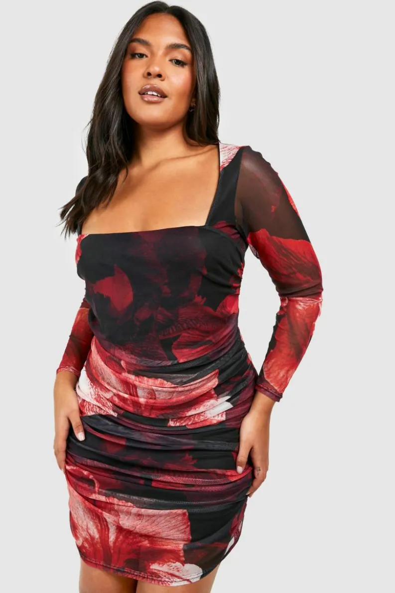 Bodycon Dresses|Mini Dresses*boohoo Plus Abstract Floral Print Mesh Bodycon Dress red