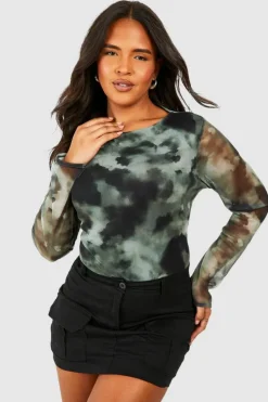 Long Sleeve Tops*boohoo Plus Abstract Mesh Long Sleeve Top khaki