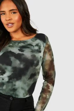 Long Sleeve Tops*boohoo Plus Abstract Mesh Long Sleeve Top khaki