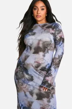 Maxi Dresses|Long Sleeve Dresses*boohoo Plus Abstract Print Column Maxi Dress blue