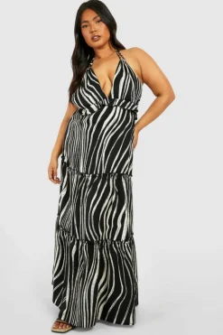 Smock Dresses*boohoo Plus Abstract Print Halterneck Tiered Maxi Dress black