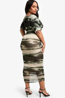Bodycon Dresses|Midi Dresses*boohoo Plus Abstract Printed Cowl Neck Ruched Midi Dress khaki