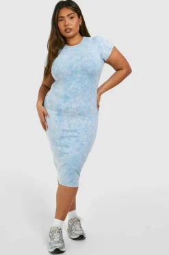 Midi Dresses*boohoo Plus Acid Wash Cap Sleeve Midi Dress ice grey