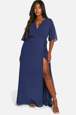 Wrap Dresses|Skater Dresses*boohoo Plus Angel Sleeve Wrap Bridesmaid Dress navy