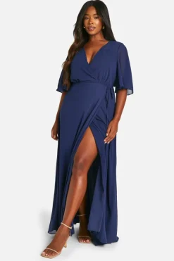 Wrap Dresses|Skater Dresses*boohoo Plus Angel Sleeve Wrap Bridesmaid Dress navy