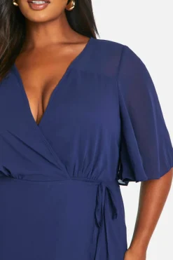 Wrap Dresses|Skater Dresses*boohoo Plus Angel Sleeve Wrap Bridesmaid Dress navy