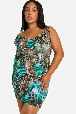 Bodycon Dresses*boohoo Plus Animal Cowl Front Ruched Mini Dress blue