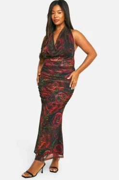 Bodycon Dresses*boohoo Plus Animal Floral Printed Halterneck Ruched Maxi Dress leopard