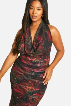 Bodycon Dresses*boohoo Plus Animal Floral Printed Halterneck Ruched Maxi Dress leopard
