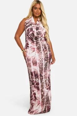 Bodycon Dresses*boohoo Plus Animal Print Halterneck Maxi Dress pink