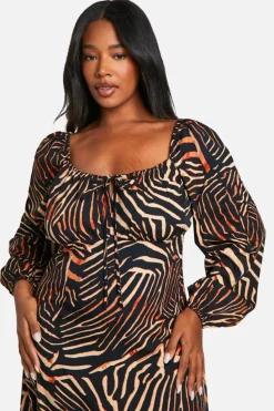 Midi Dresses*boohoo Plus Animal Print Ruched Bust Midi Dress brown