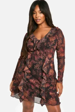 Mini Dresses|Long Sleeve Dresses*boohoo Plus Animal Print Ruffle Shift Dress brown