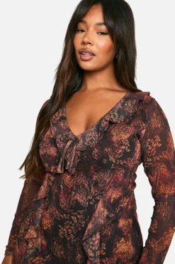 Mini Dresses|Long Sleeve Dresses*boohoo Plus Animal Print Ruffle Shift Dress brown