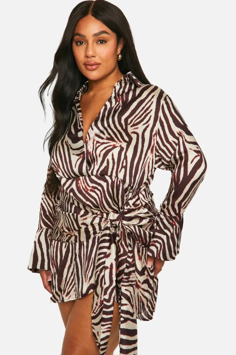 Shirt Dresses|Wrap Dresses*boohoo Plus Animal Print Tie Waist Shirt Wrap Dress brown