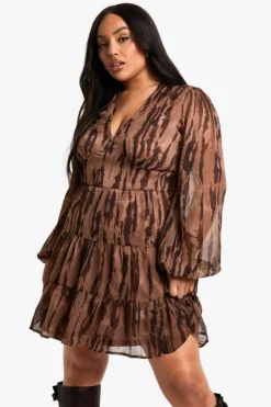 Smock Dresses*boohoo Plus Animal Print Tiered Chiffon Smock Dress brown