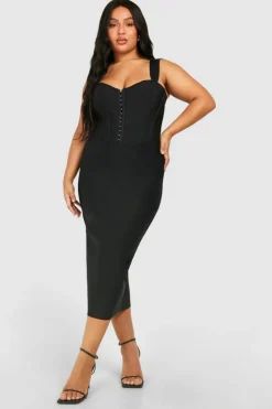 Midi Dresses*boohoo Plus Bandage Hook & Eye Split Midi Dress black