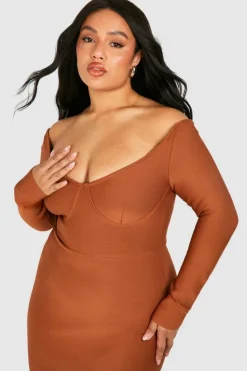 Midi Dresses*boohoo Plus Bandage Off Shoulder Long Sleeve Midi Dress chocolate