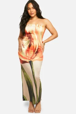 Bodycon Dresses*boohoo Plus Bandeau Floral Printed Slinky Maxi Dress orange
