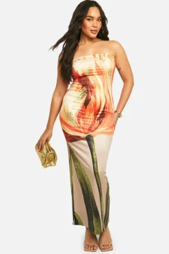 Bodycon Dresses*boohoo Plus Bandeau Floral Printed Slinky Maxi Dress orange