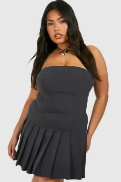 Skater Dresses*boohoo Plus Bandeau Pleated Mini Dress charcoal