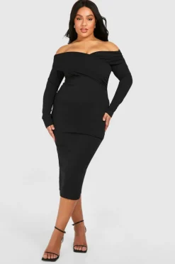 Midi Dresses*boohoo Plus Bardot Ruched Midi Dress black