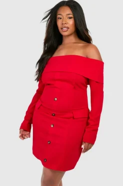 Blazer Dresses*boohoo Plus Bardot Scuba Crepe Blazer Dress red