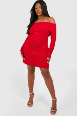 Blazer Dresses*boohoo Plus Bardot Scuba Crepe Blazer Dress red