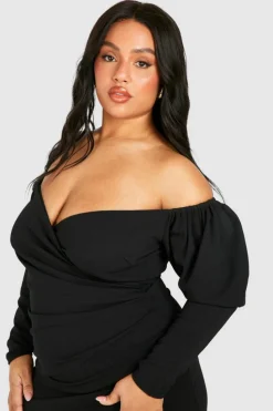 Wrap Dresses*boohoo Plus Bardot Wrap Bodycon Dress black