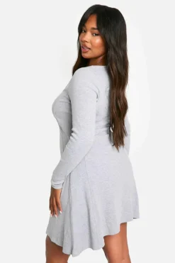 Skater Dresses*boohoo Plus Basic Rib Long Sleeve Skater grey