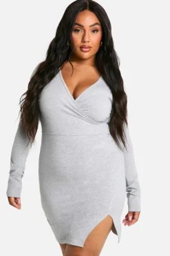 Wrap Dresses*boohoo Plus Basic Jersey Wrap Dress grey marl