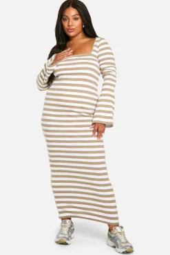 Bodycon Dresses*boohoo Plus Basic Rib Stripe Square Neck Maxi neutral